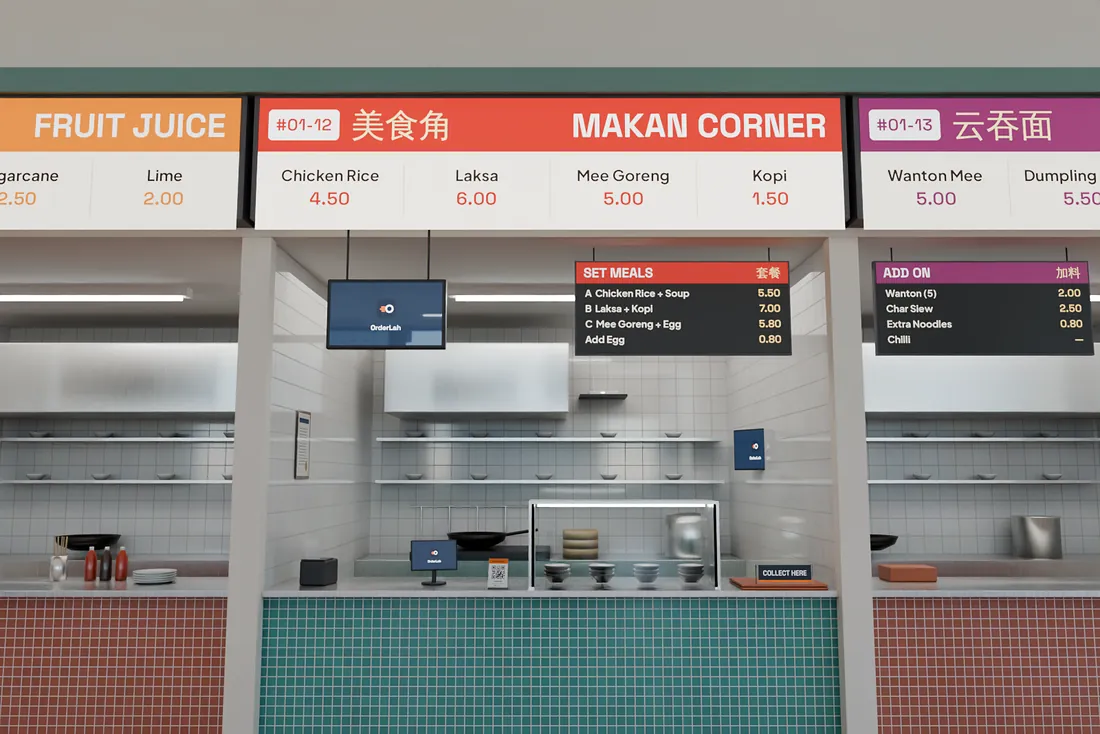 Makan Corner, stall 01-12, between a fruit-juice stall and a wanton-mee stall: its signboard lit, its menu panel hung over a green-tiled counter.