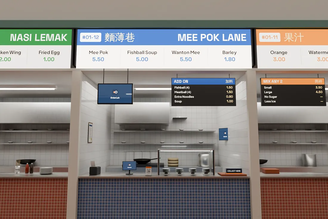 Mee Pok Lane in another food centre, between a nasi lemak stall and a fruit-juice stall, behind a blue-tiled counter.