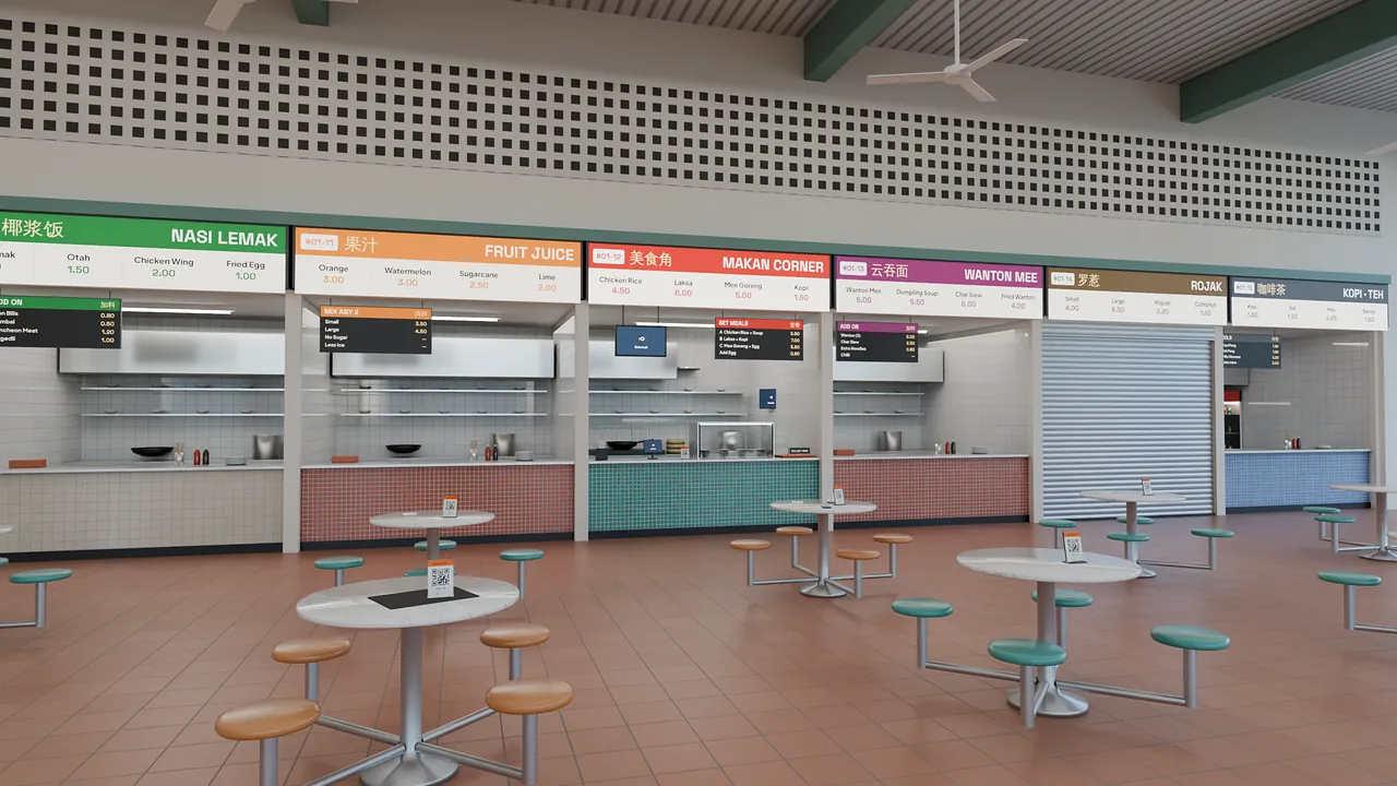 A hawker centre before the lunch rush: marble tables with fixed stools under ceiling fans, and a row of stalls with lit signboards — Makan Corner in the middle, a menu panel and a number display hung over its tiled counter.