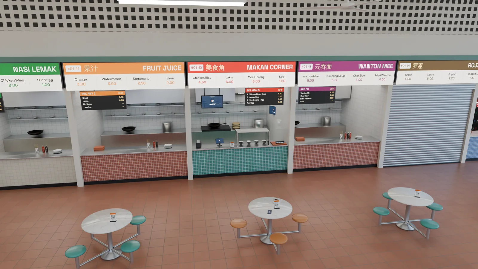 The stall and its tables from above: a row of stalls under a band of ventilation blocks, Makan Corner's counter with the hub and printer, a number display hung at its front, the kitchen screen and router inside, and table 8 in front of it.