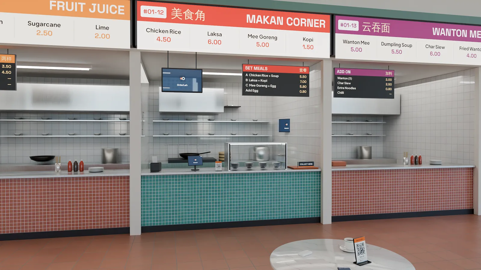 Makan Corner, stall 01-12, from table 8: a receipt printer and the hub tablet at the left of the counter, a glass case of bowls, the collection end on the right, a number display and a menu panel hung over the counter, and a screen on the kitchen wall behind.